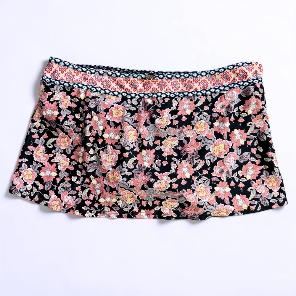 Swim Systems Womens Floral Swim Skirt Black Pink Yellow Skort Bikini Bottom L